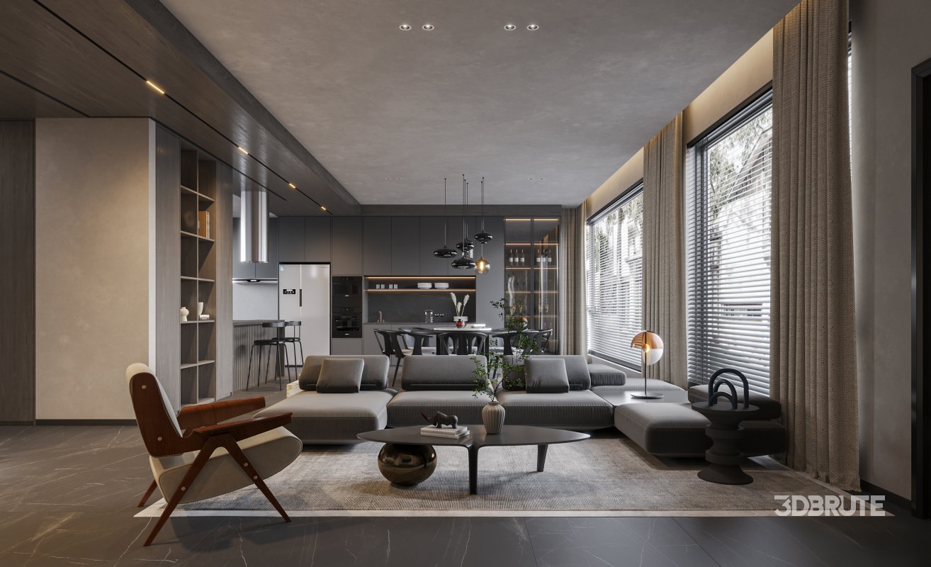 Modern living room and dining room interior scene Image 4