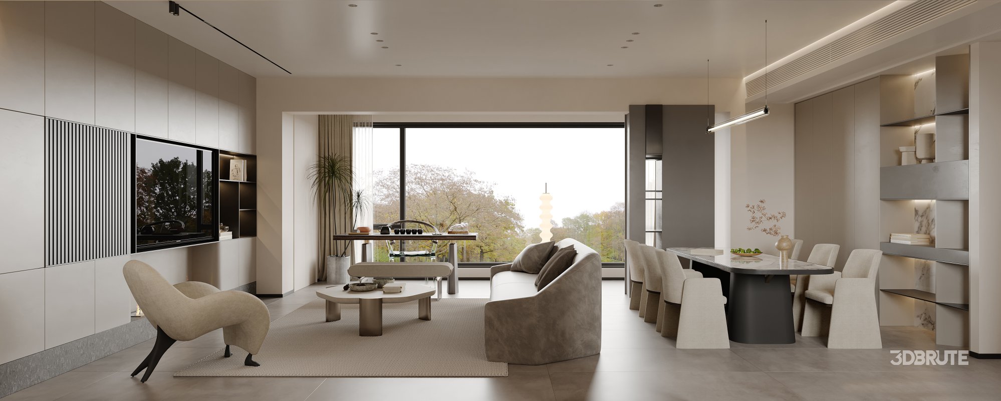 Modern living room and dining room interior scene Image 1