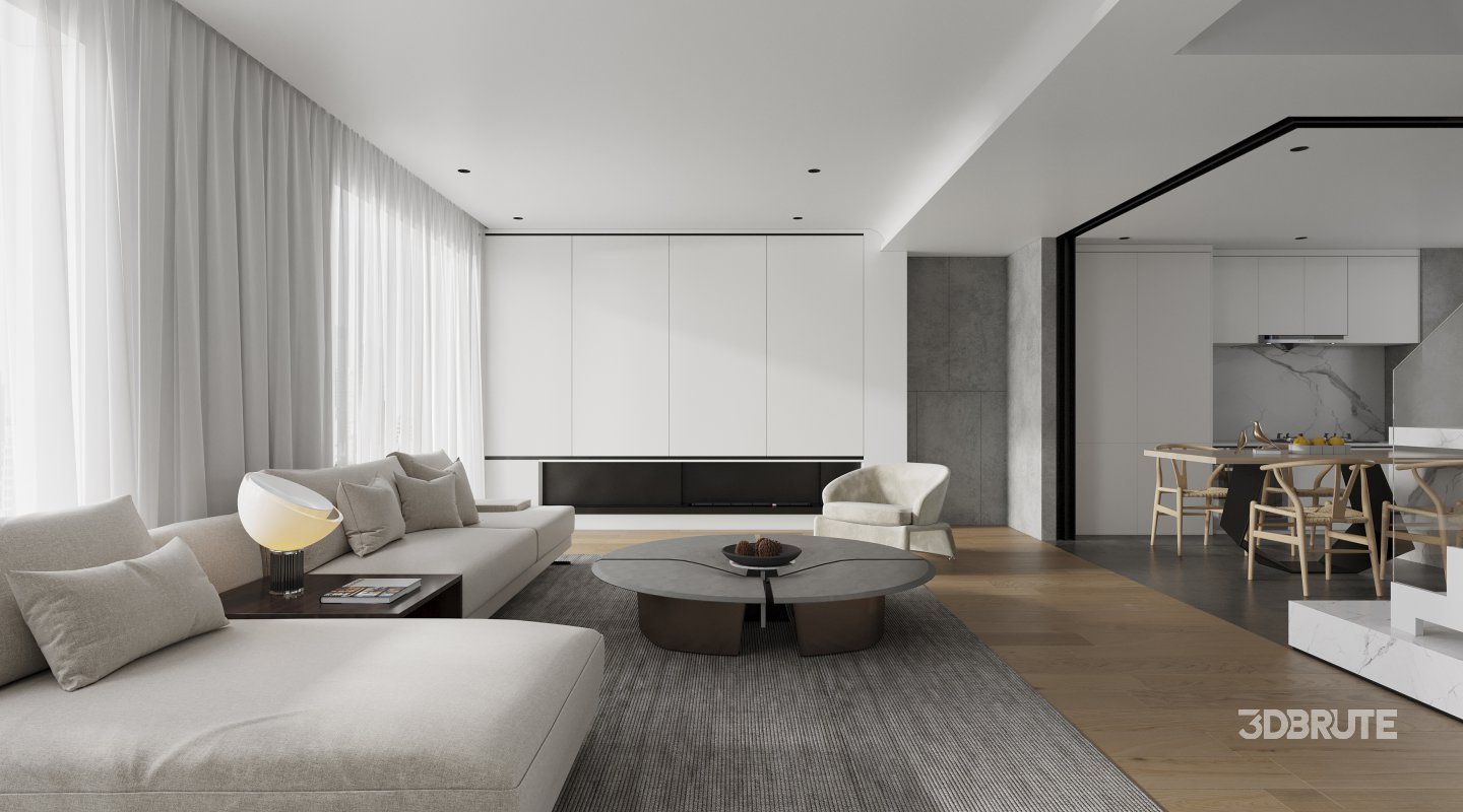 Modern living room and dining room interior scene Image 1