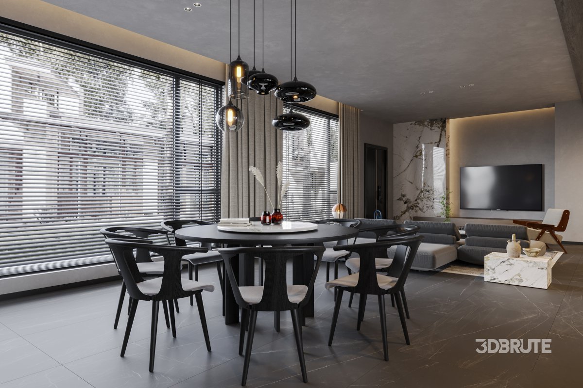 Modern living room and dining room interior scene Image 1