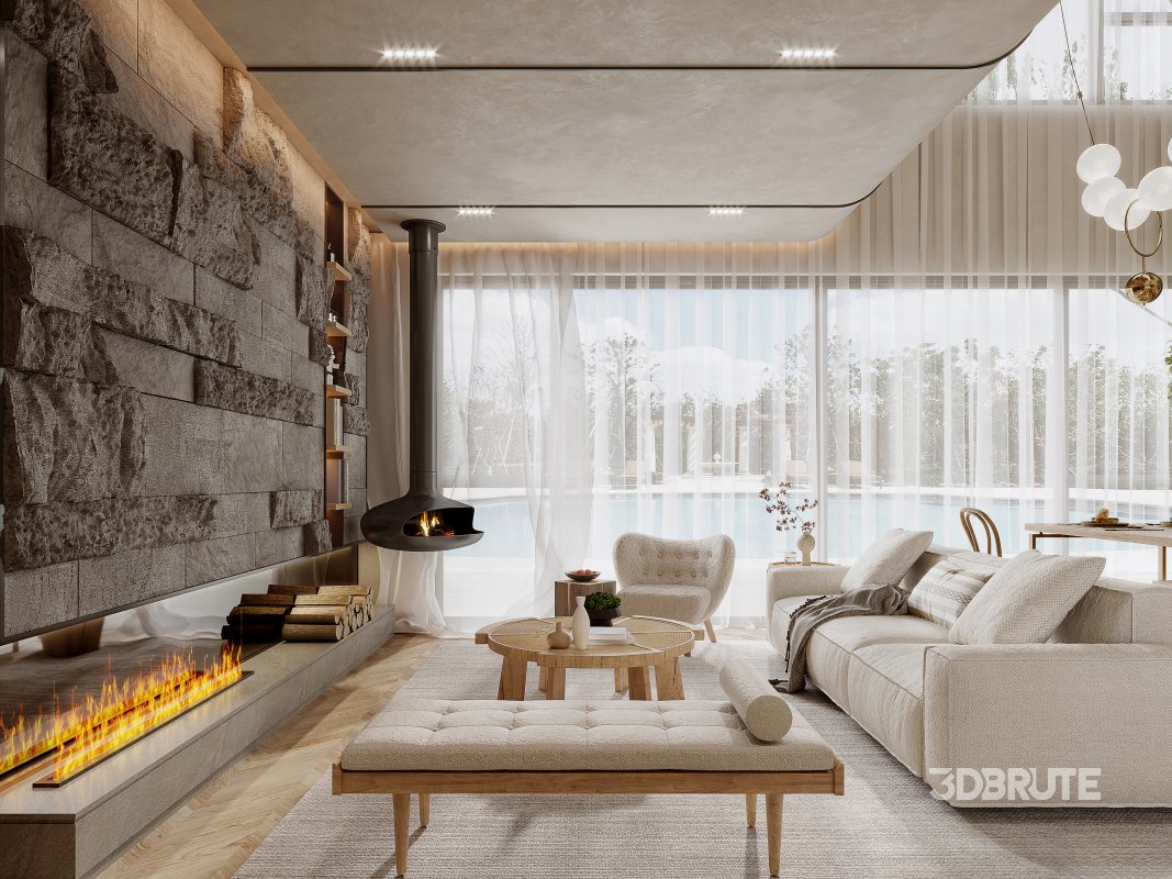 Modern living room and dining room interior scene Image 1