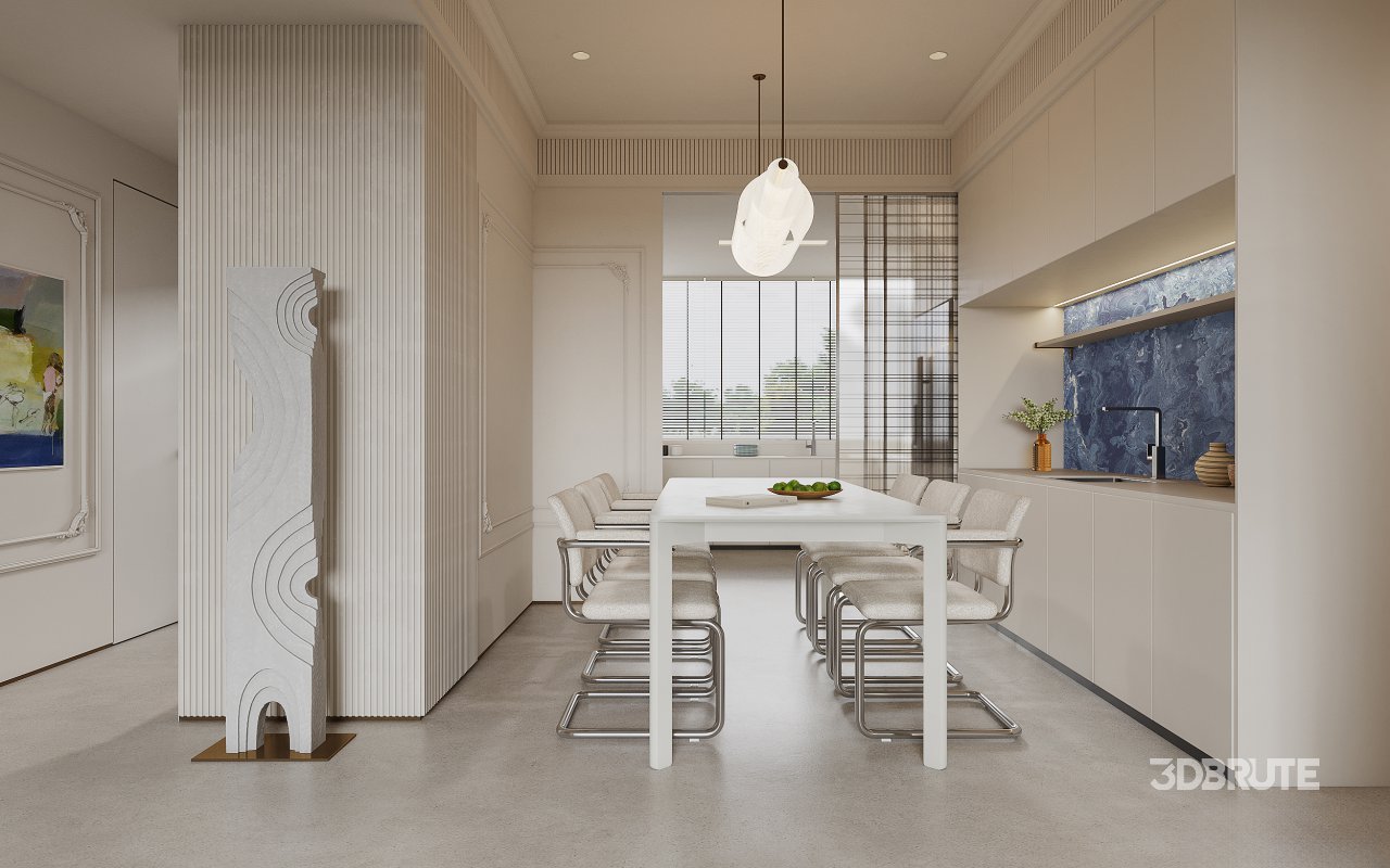 Modern living room and dining room interior scene Image 1