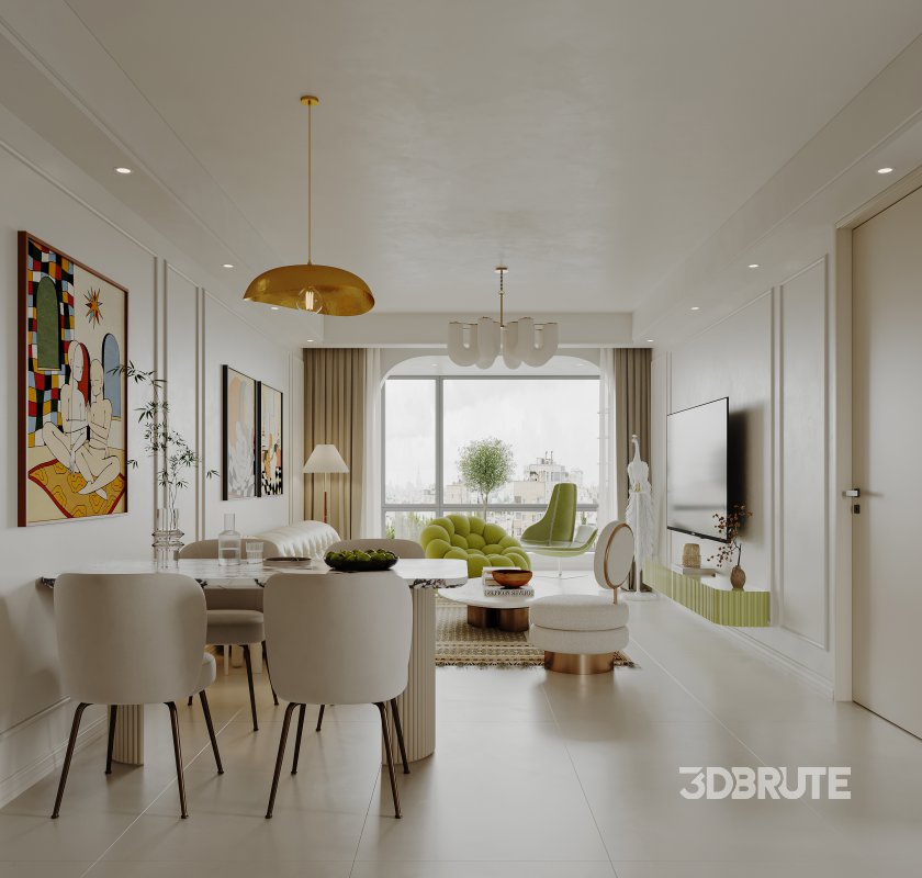 Modern living room and dining room interior scene Image 1