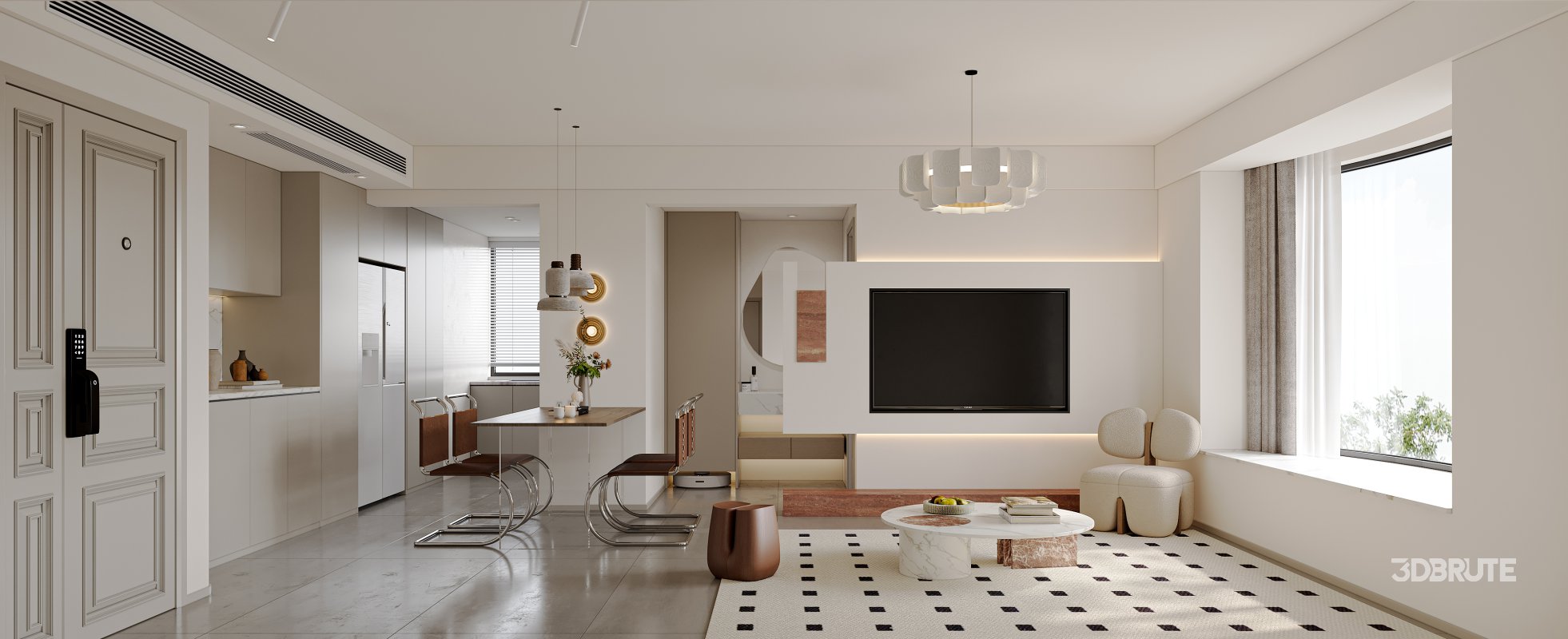 Modern living room and dining room interior scene Image 1