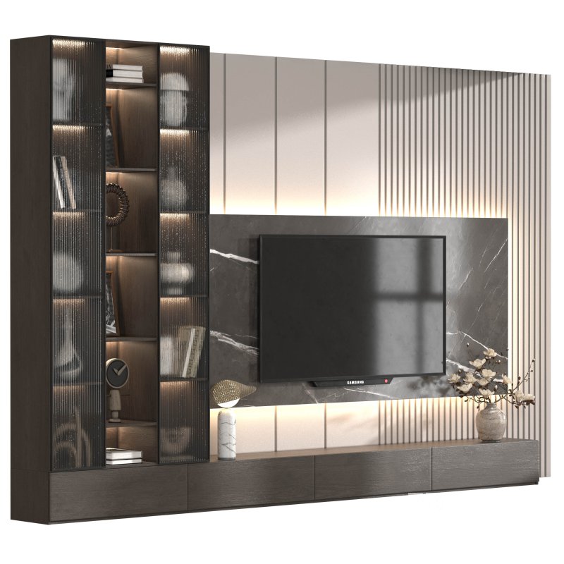 Modern TV Wall Unit with Dark Wood, Marble Back Panel and Glass Cabinets-Set 05 Image 1