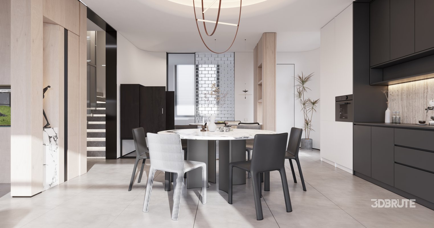 Modern living room and dining room interior scene Image 1