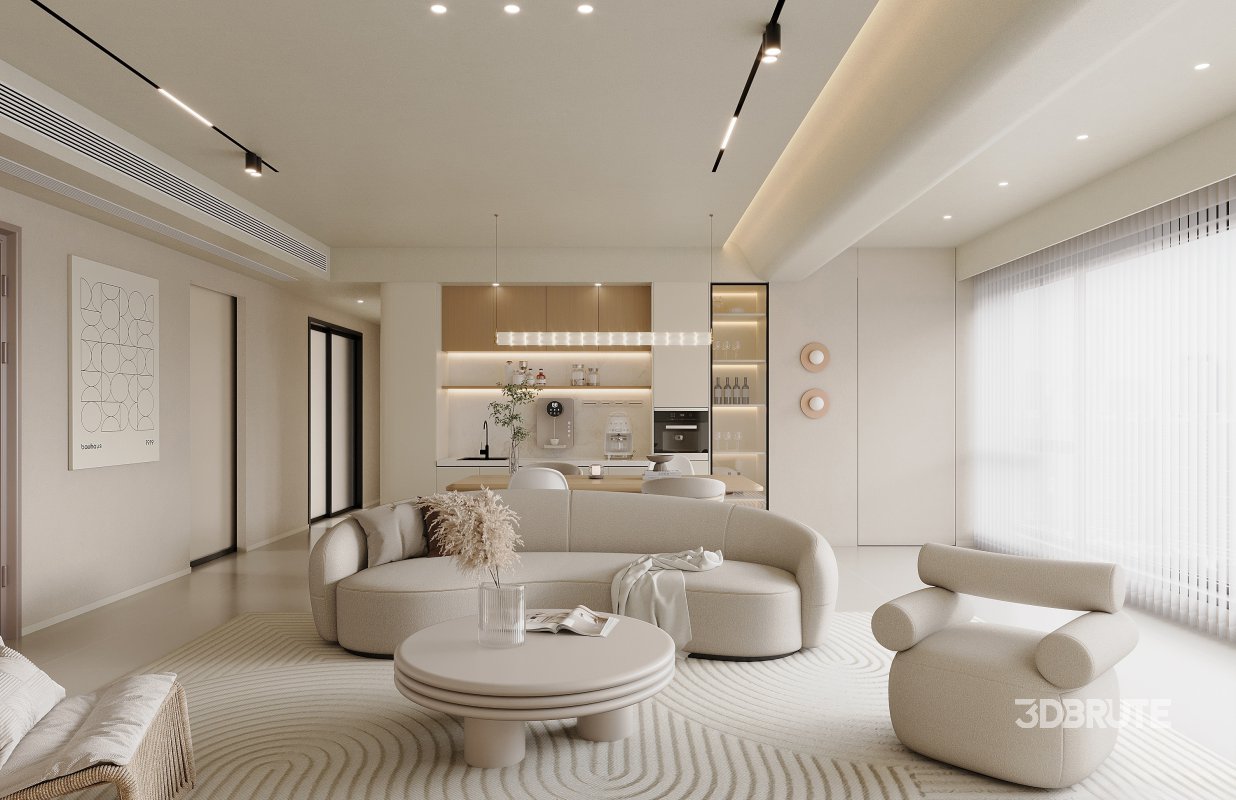 Modern living room and dining room bedroom interior scene Image 4