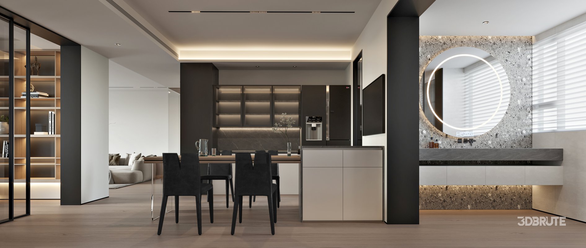 Modern living room and dining room interior scene Image 1