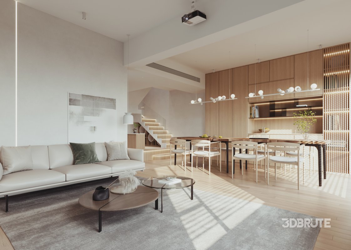 Modern living room and dining room interior scene Image 1