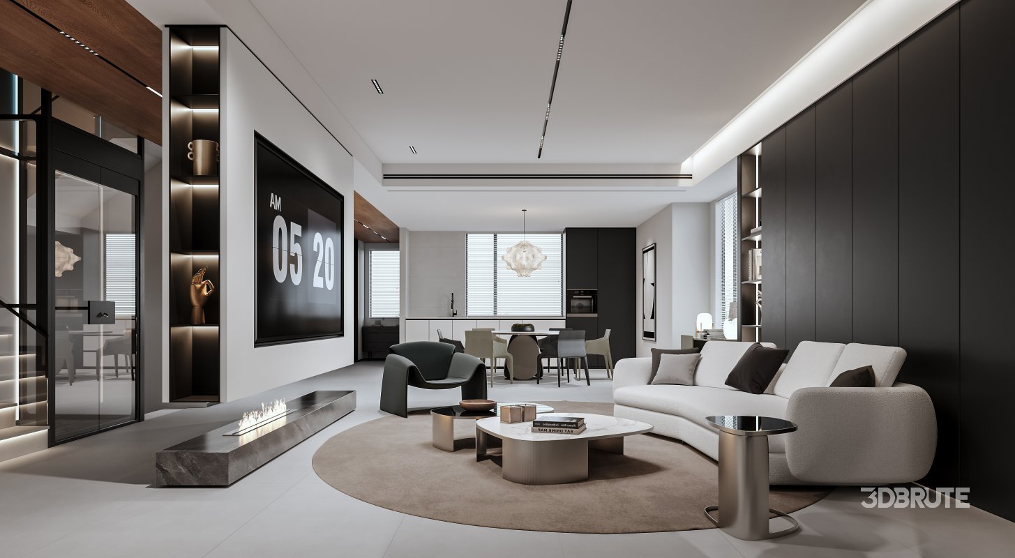 Modern living room and dining room interior scene Image 2