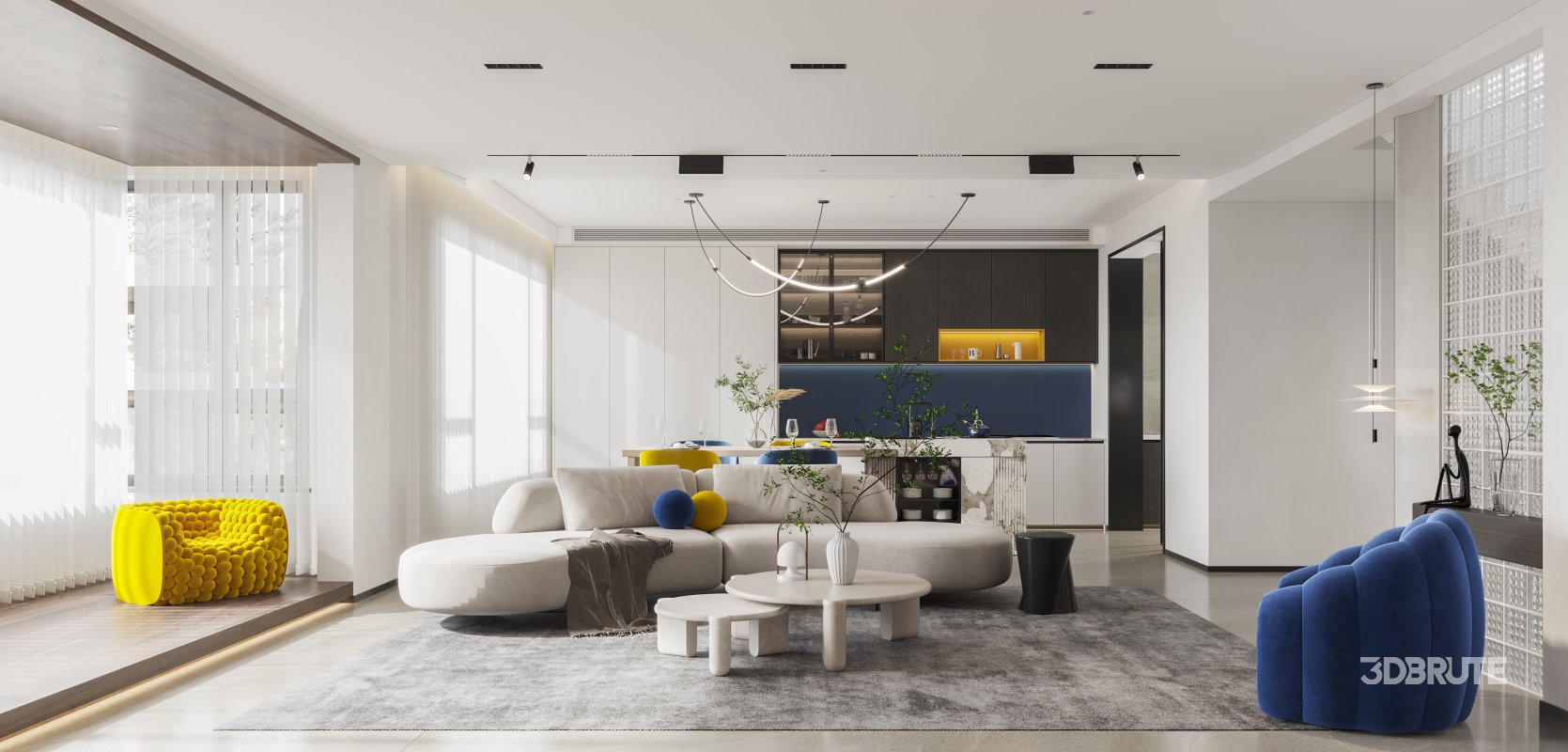 Modern living room and dining room bedroom interior scene Image 2