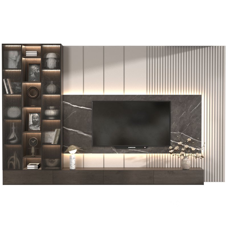 Modern TV Wall Unit with Dark Wood, Marble Back Panel and Glass Cabinets-Set 05 Image 2