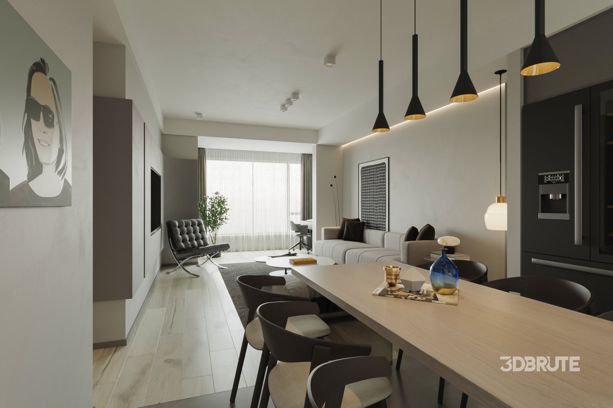 Modern living room and dining room interior scene Image 2