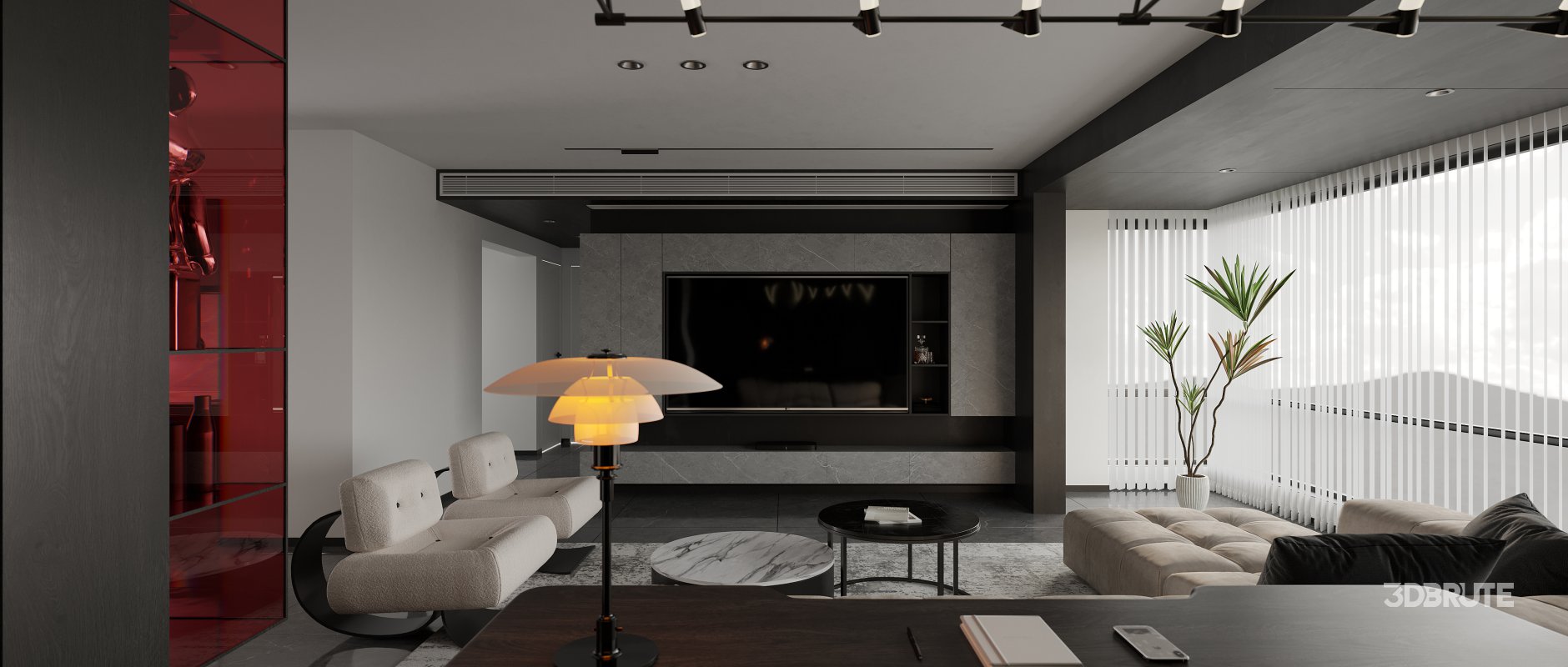 Modern living room and dining room interior scene Image 1