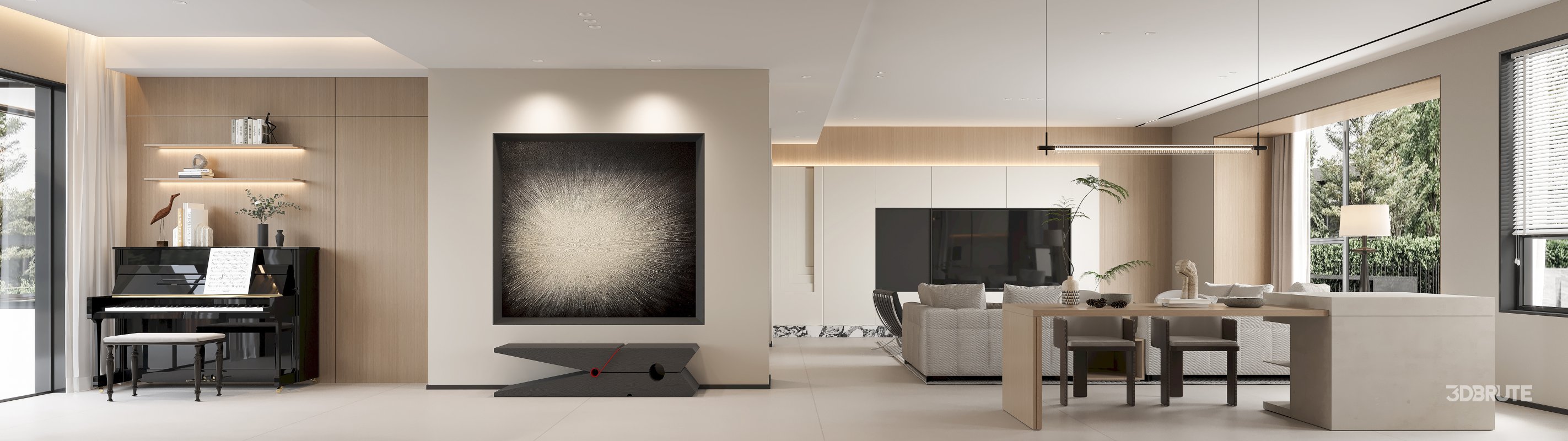 Modern living room and dining room interior scene Image 1