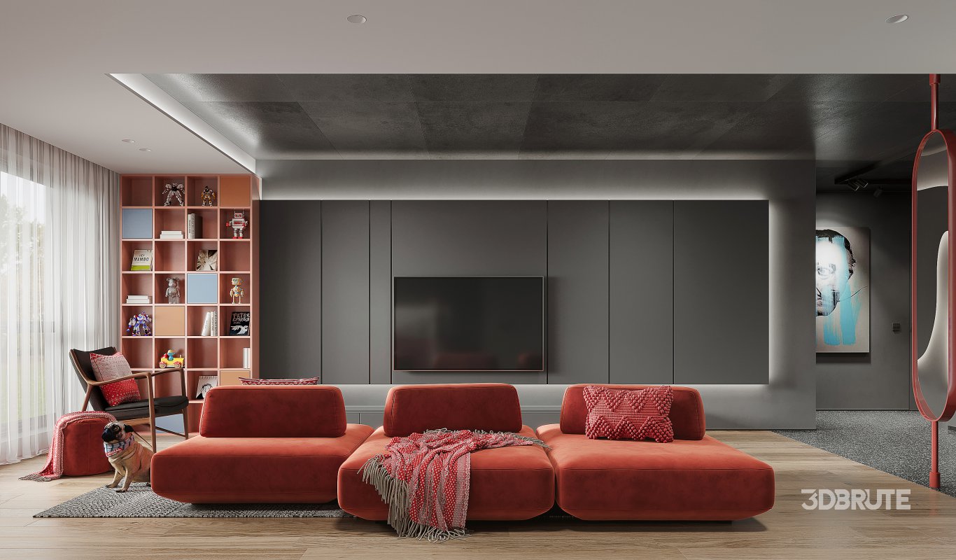 Modern living room and dining room kitchen interior scene Image 2