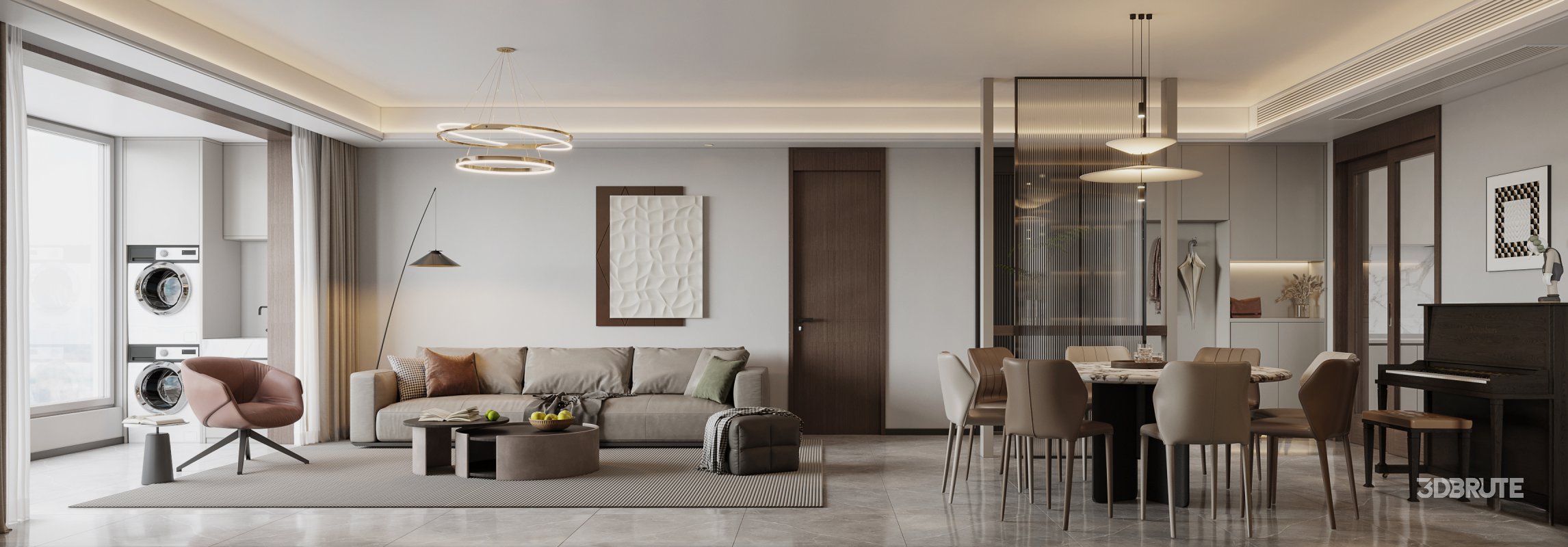 Modern living room and dining room interior scene Image 4