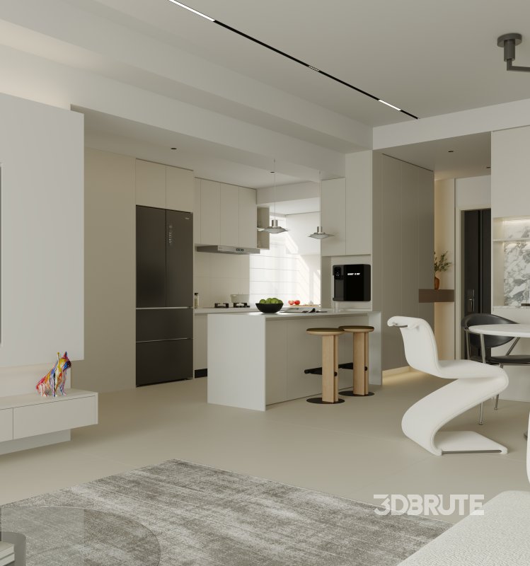 Modern living room and dining room kitchen interior scene Image 1