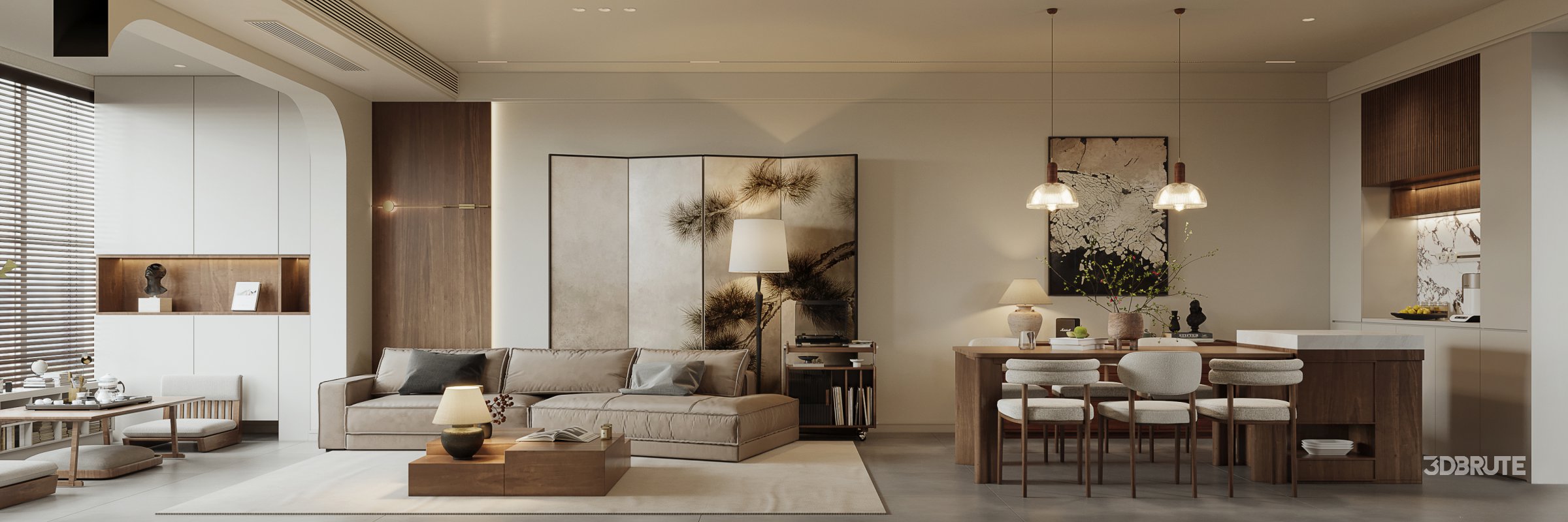 Modern living room and dining room interior scene Image 1