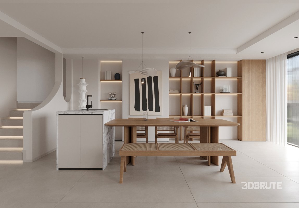 Modern living room and dining room interior scene Image 1