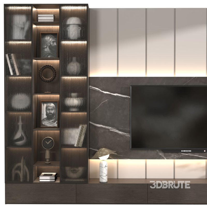 Modern TV Wall Unit with Dark Wood, Marble Back Panel and Glass Cabinets-Set 05 Image 4