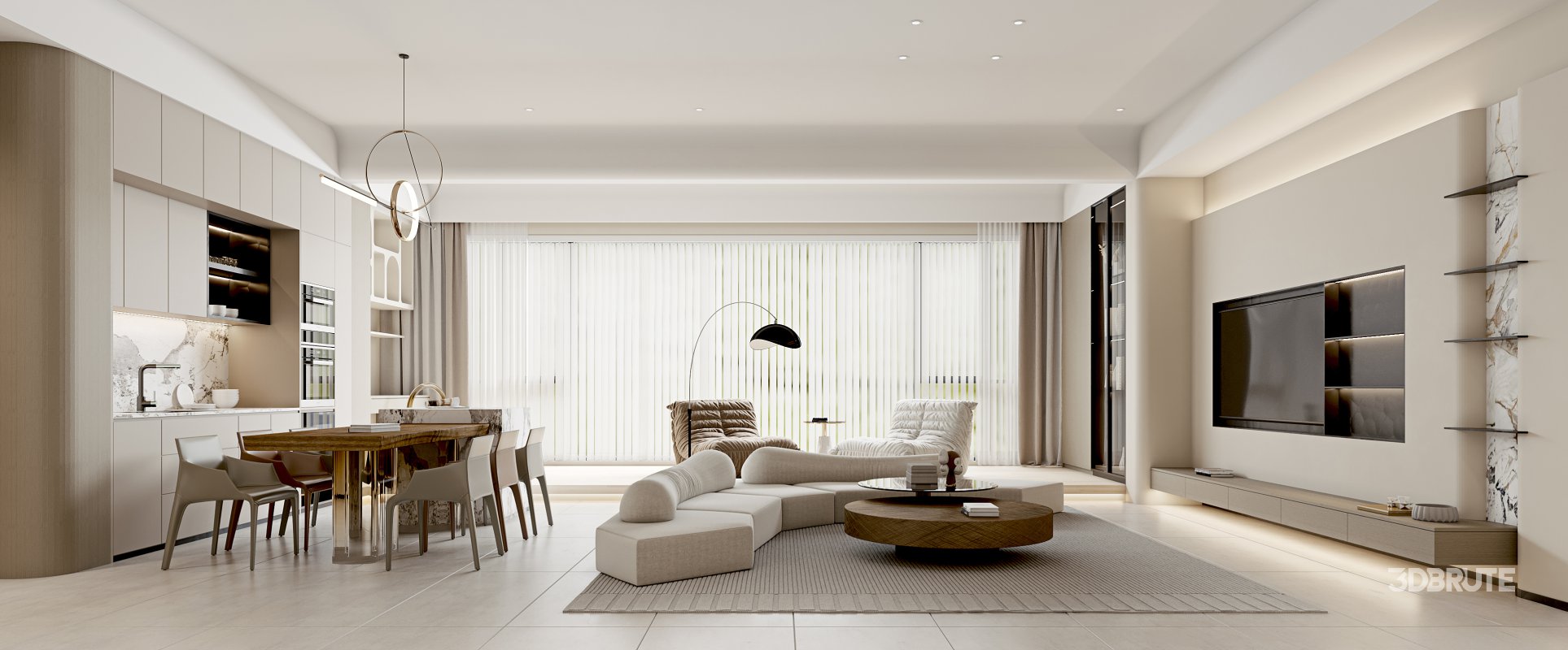Modern living room and dining room interior scene Image 1