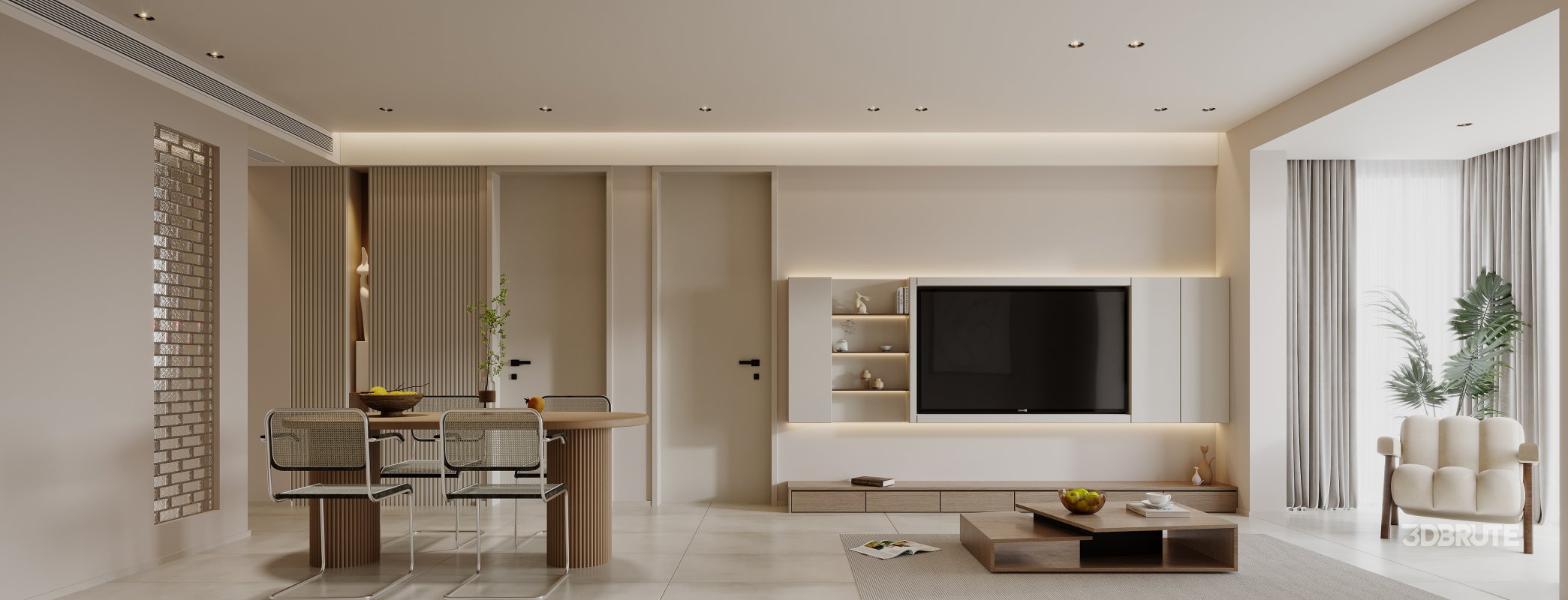 Modern living room and dining room interior scene Image 1