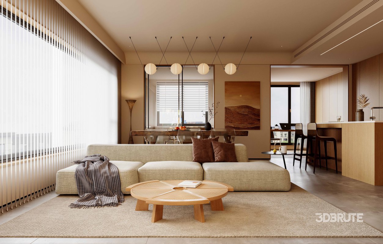 Modern living room and dining room interior scene Image 1