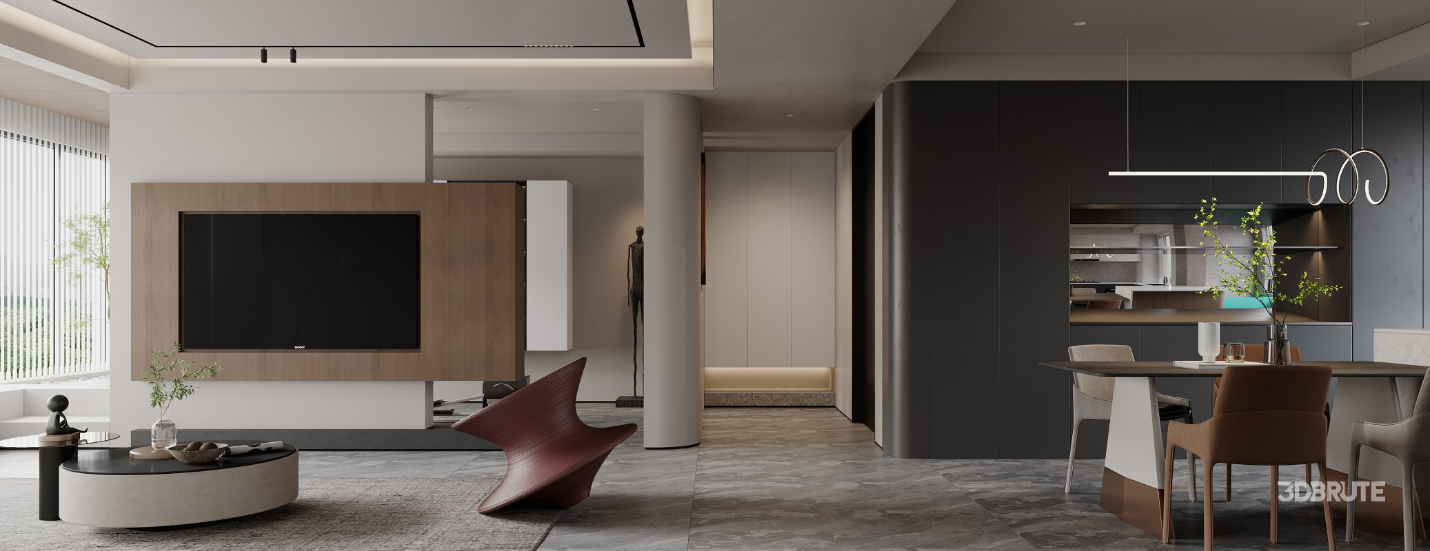 Modern living room and dining room interior scene Image 1