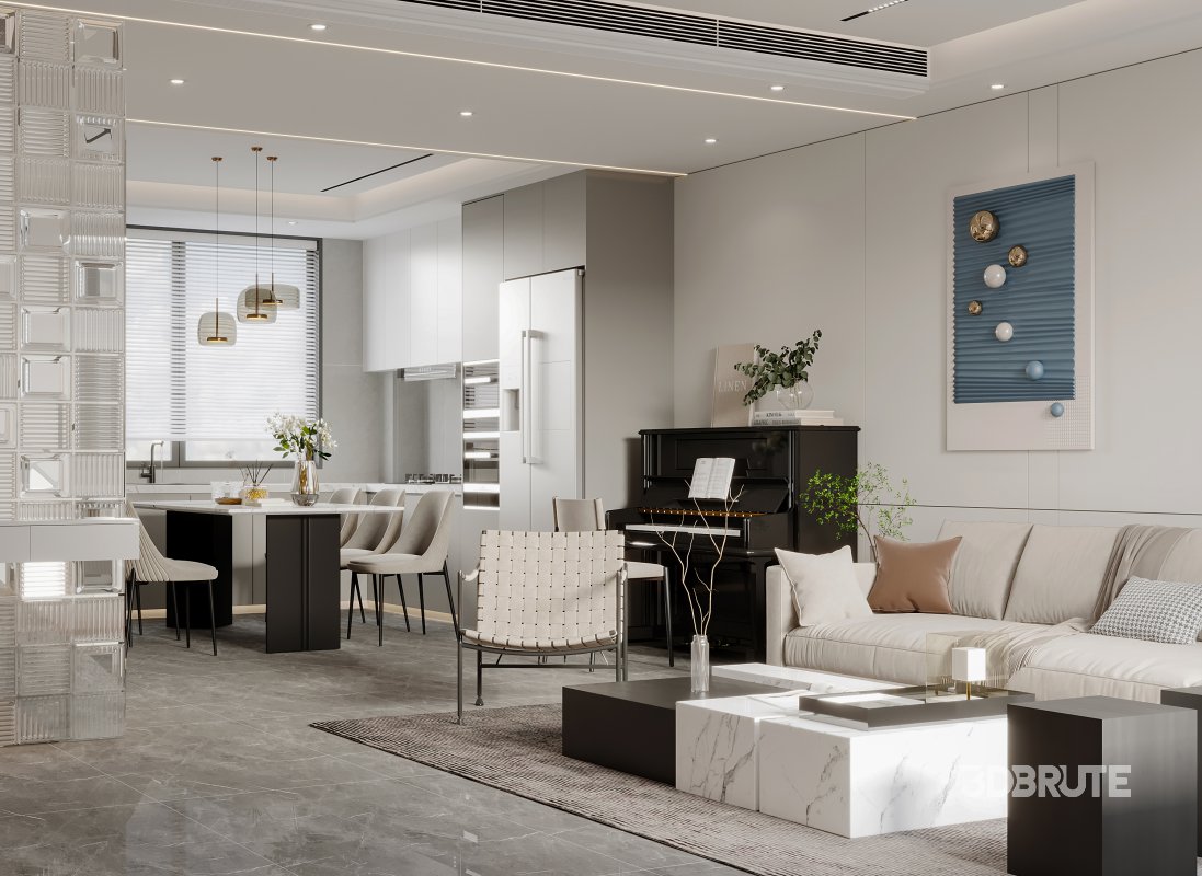 Modern living room and dining room interior scene Image 1