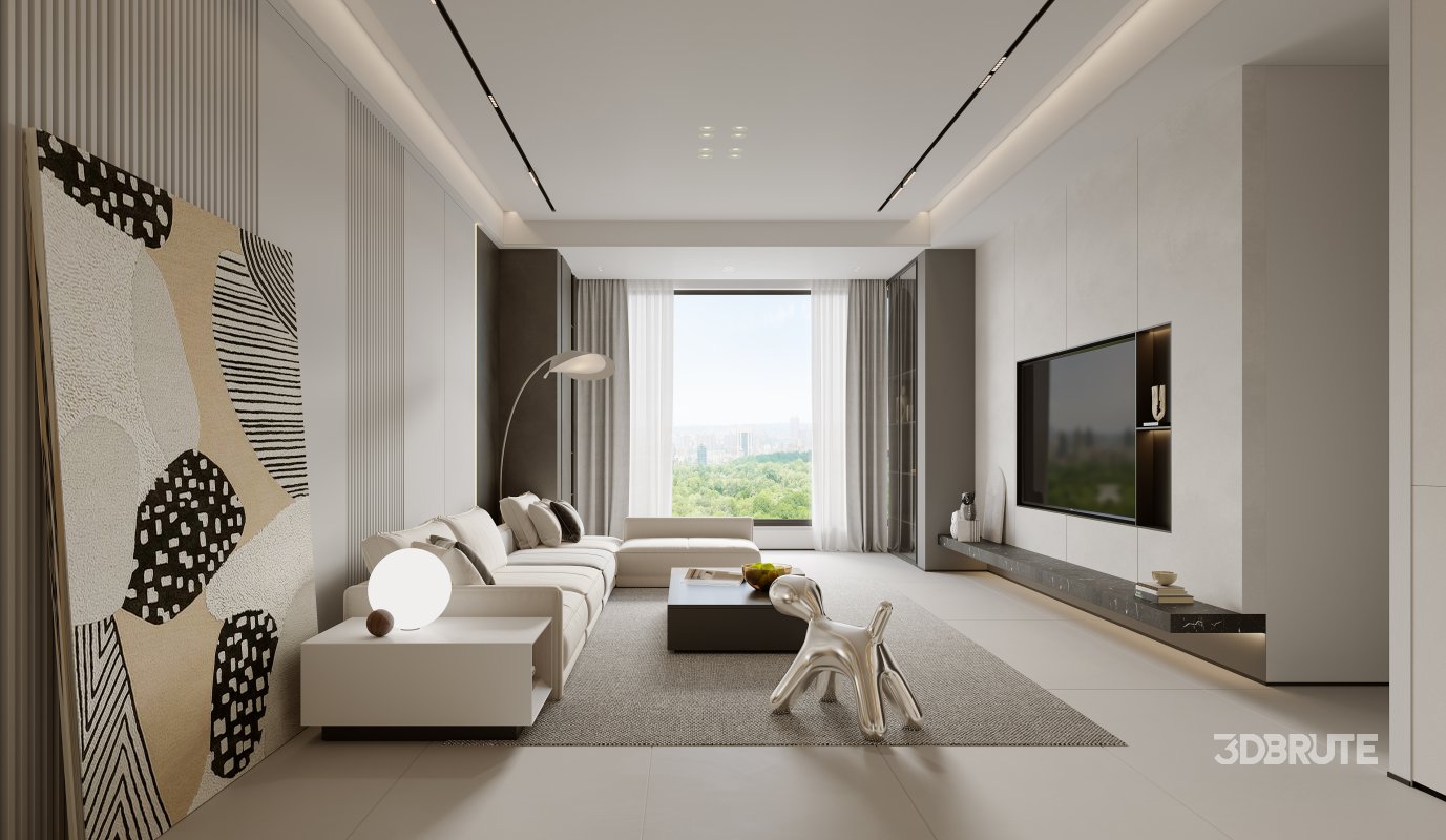 Modern living room and dining room bedroom interior scene Image 2