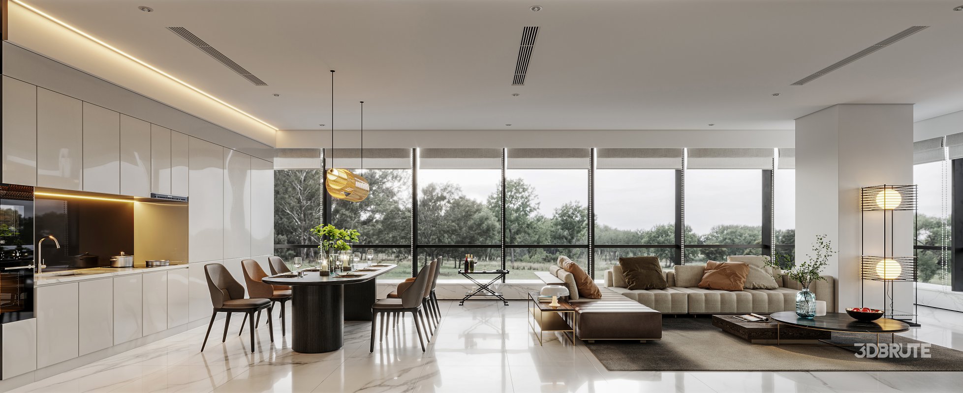 Modern living room and dining room interior scene Image 1