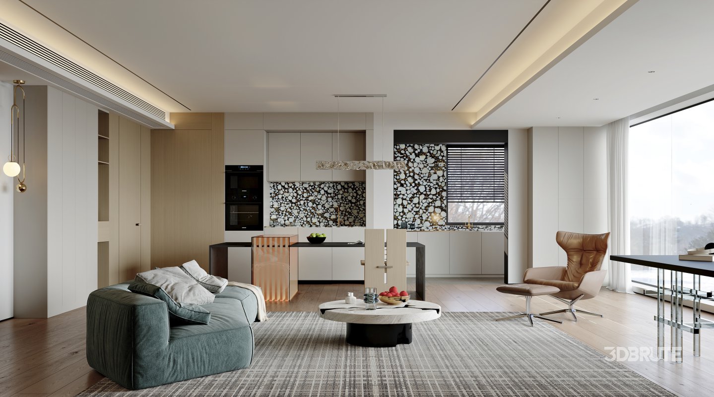 Modern living room and dining room interior scene Image 1