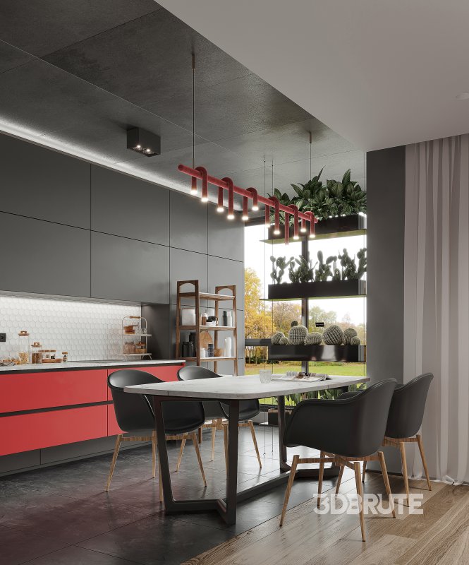 Modern living room and dining room kitchen interior scene Image 4