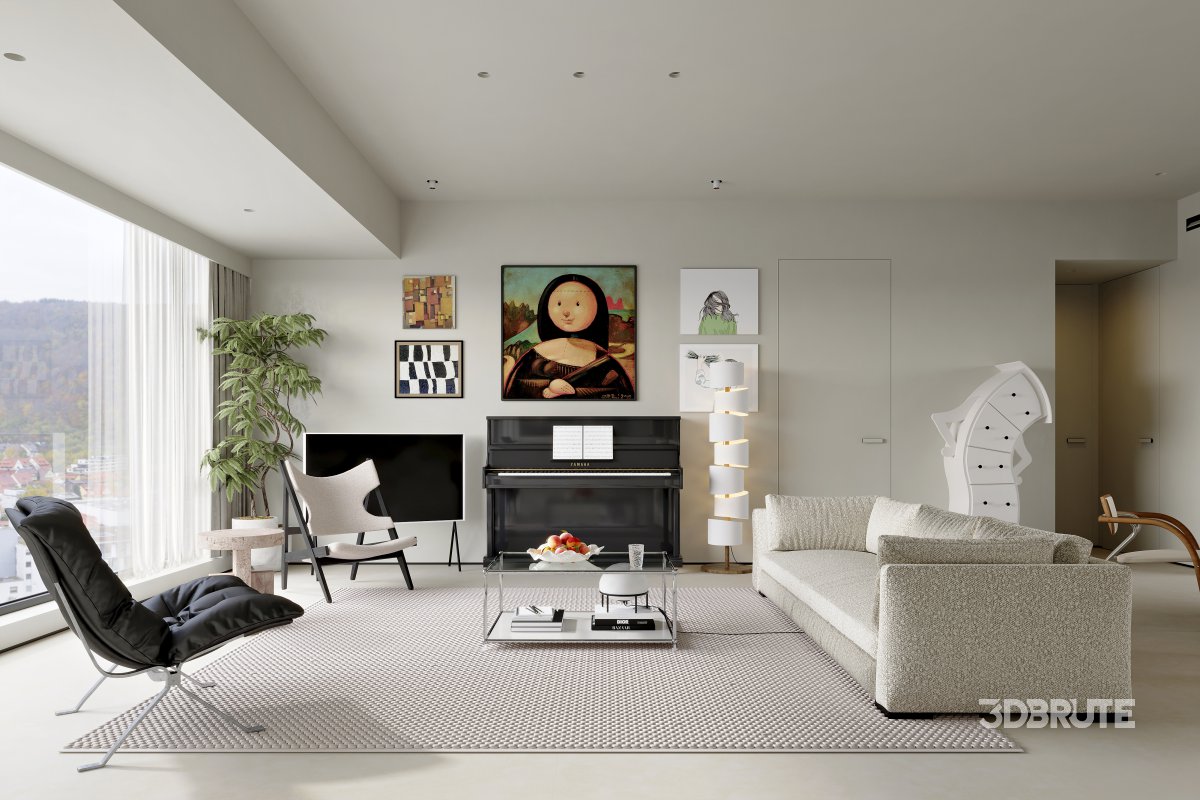 Modern living room and dining room interior scene Image 1