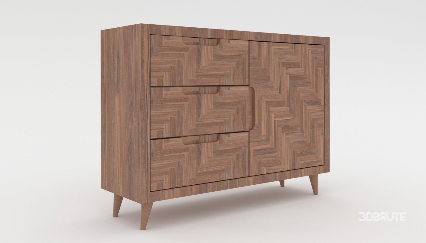 Mid-Century Modern Wooden Cabinet 3D Model – Low-Poly Furniture Asset Image 3