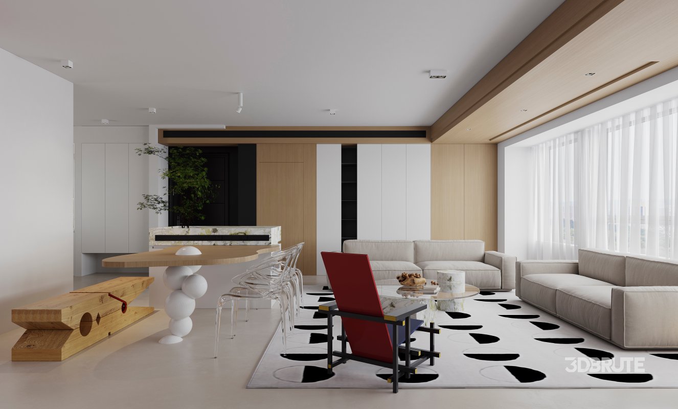 Modern living room and dining room interior scene Image 8