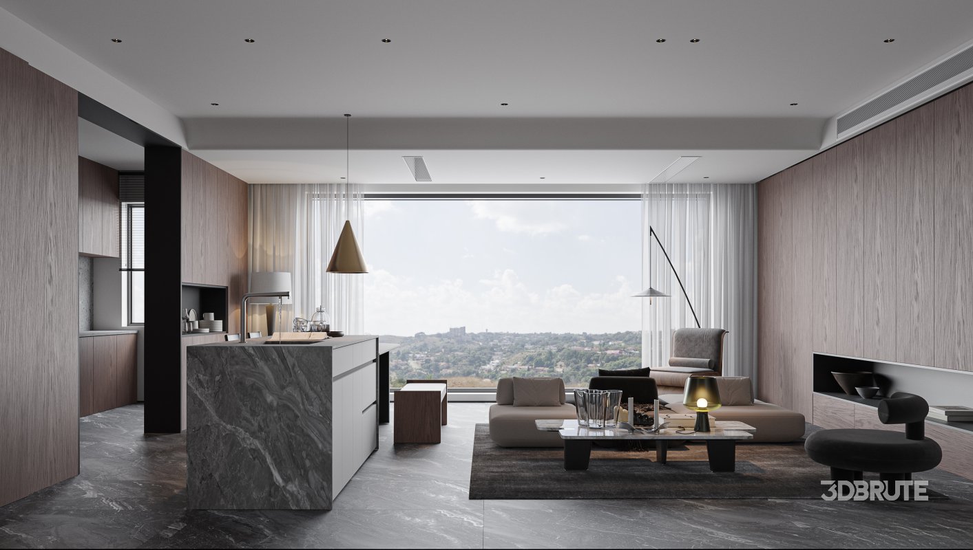 Modern living room and dining room interior scene Image 1