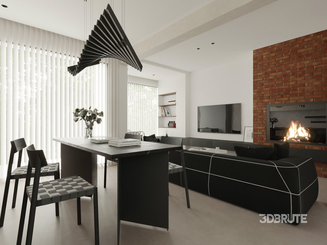 Modern living room and dining room interior scene Image 1