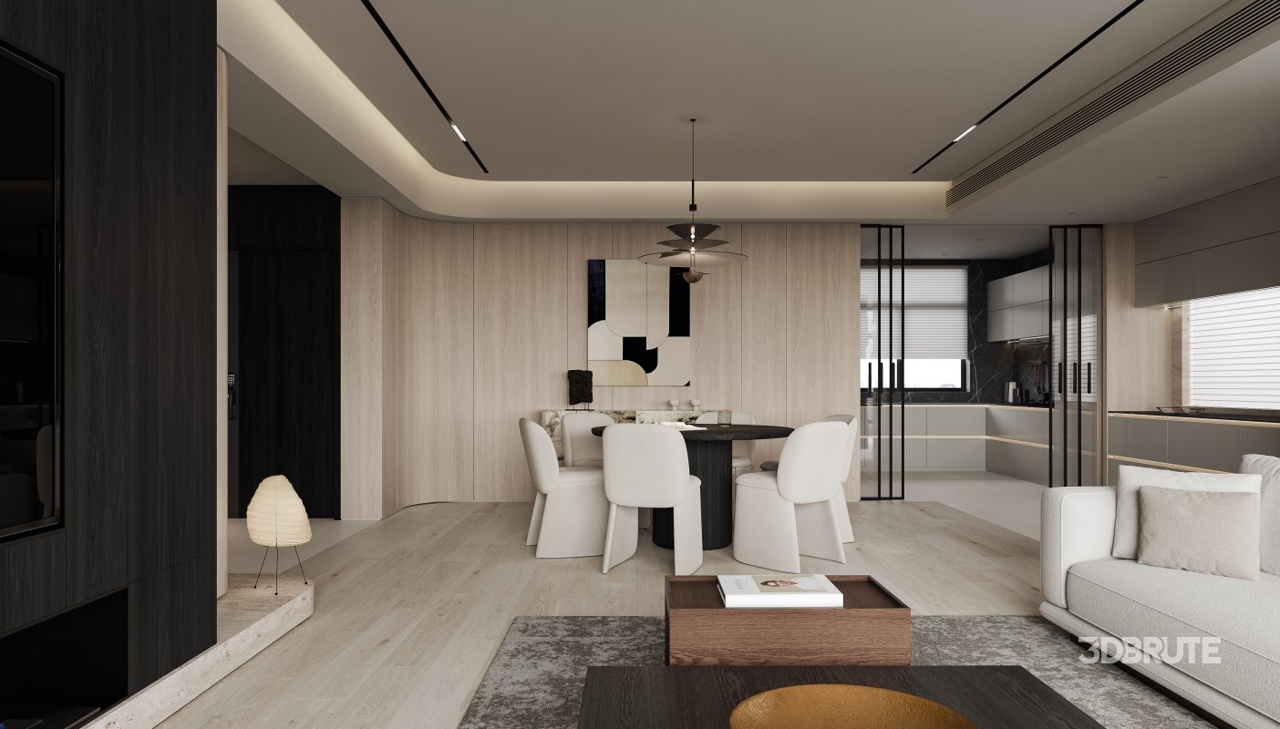 Modern living room and dining room interior scene Image 1