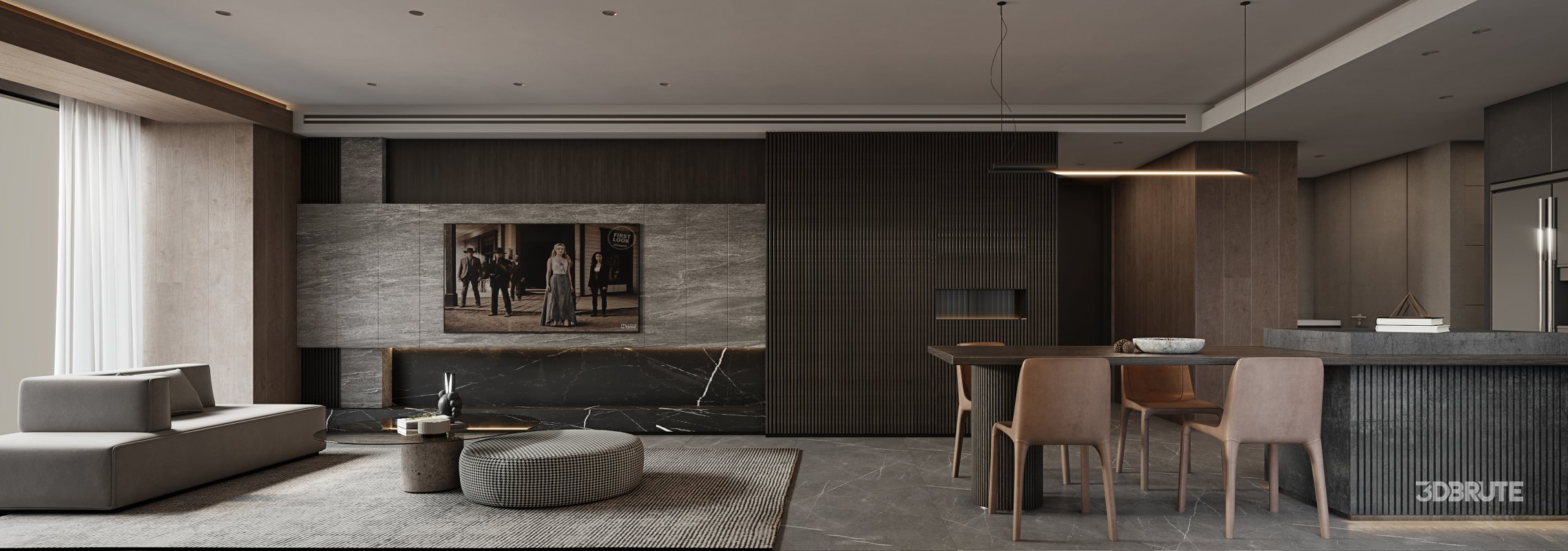 Modern living room and dining room bedroom interior scene Image 2