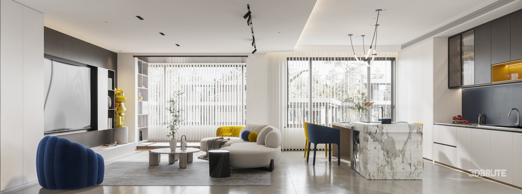 Modern living room and dining room bedroom interior scene Image 1