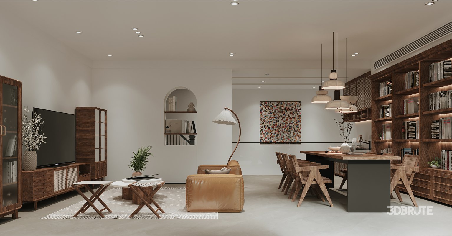 Modern living room and dining room interior scene Image 1