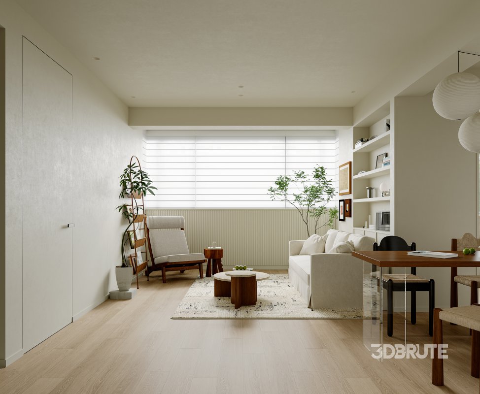Modern living room and dining room bedroom interior scene Image 1