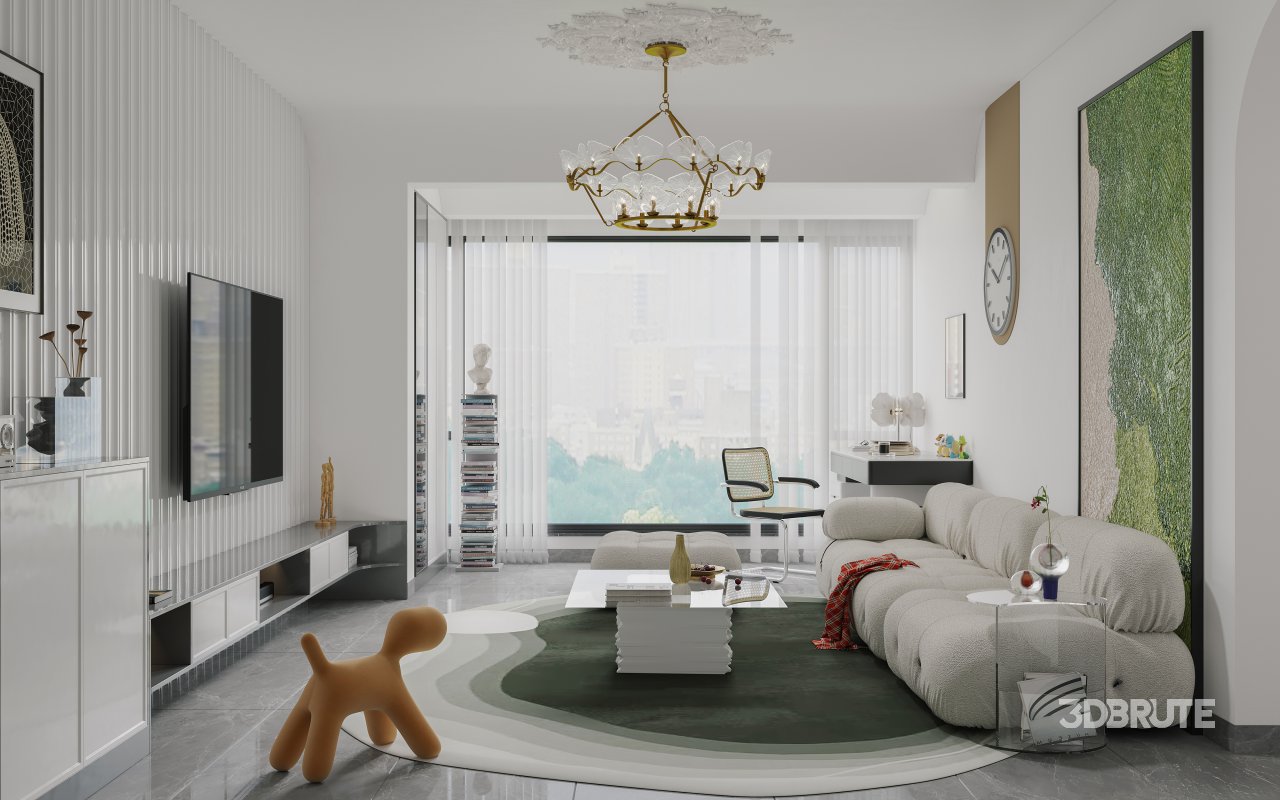 Modern living room and dining room bedroom interior scene Image 1