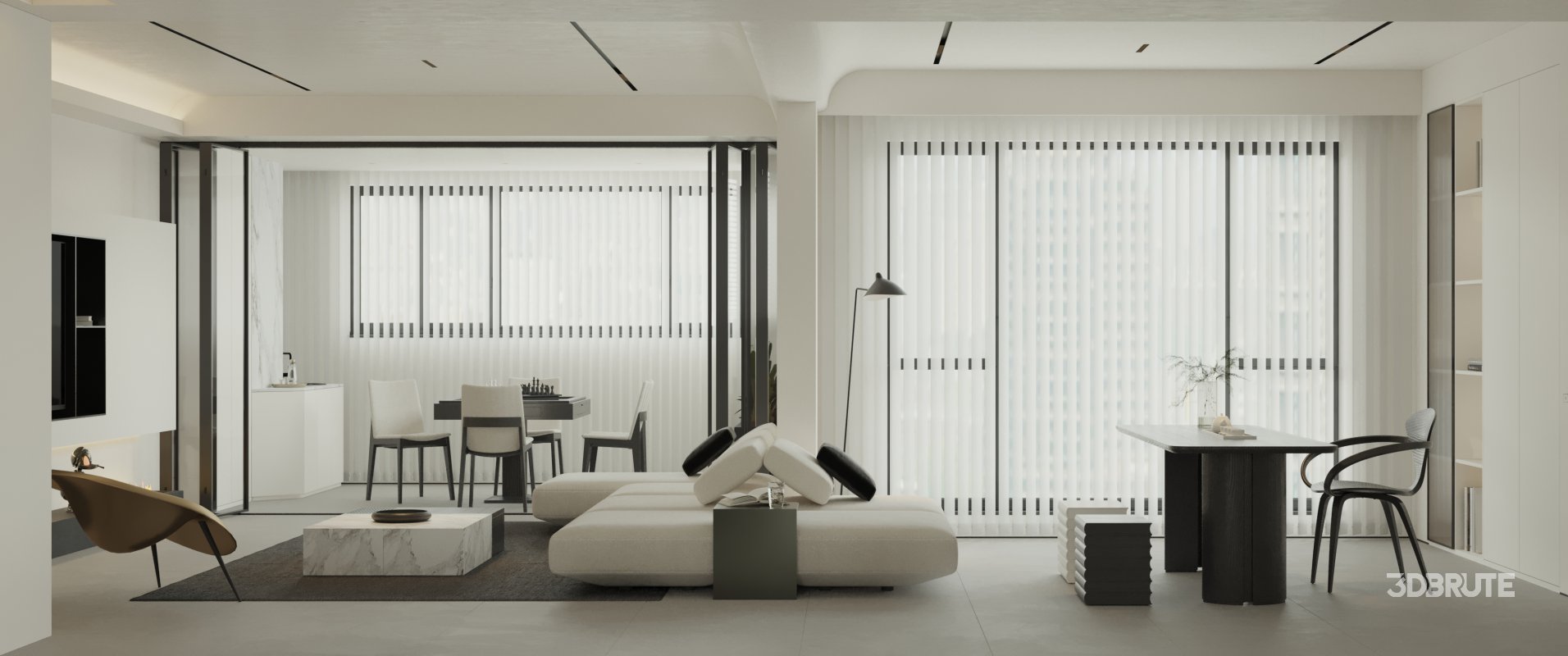 Modern living room and dining room bedroom interior scene Image 1