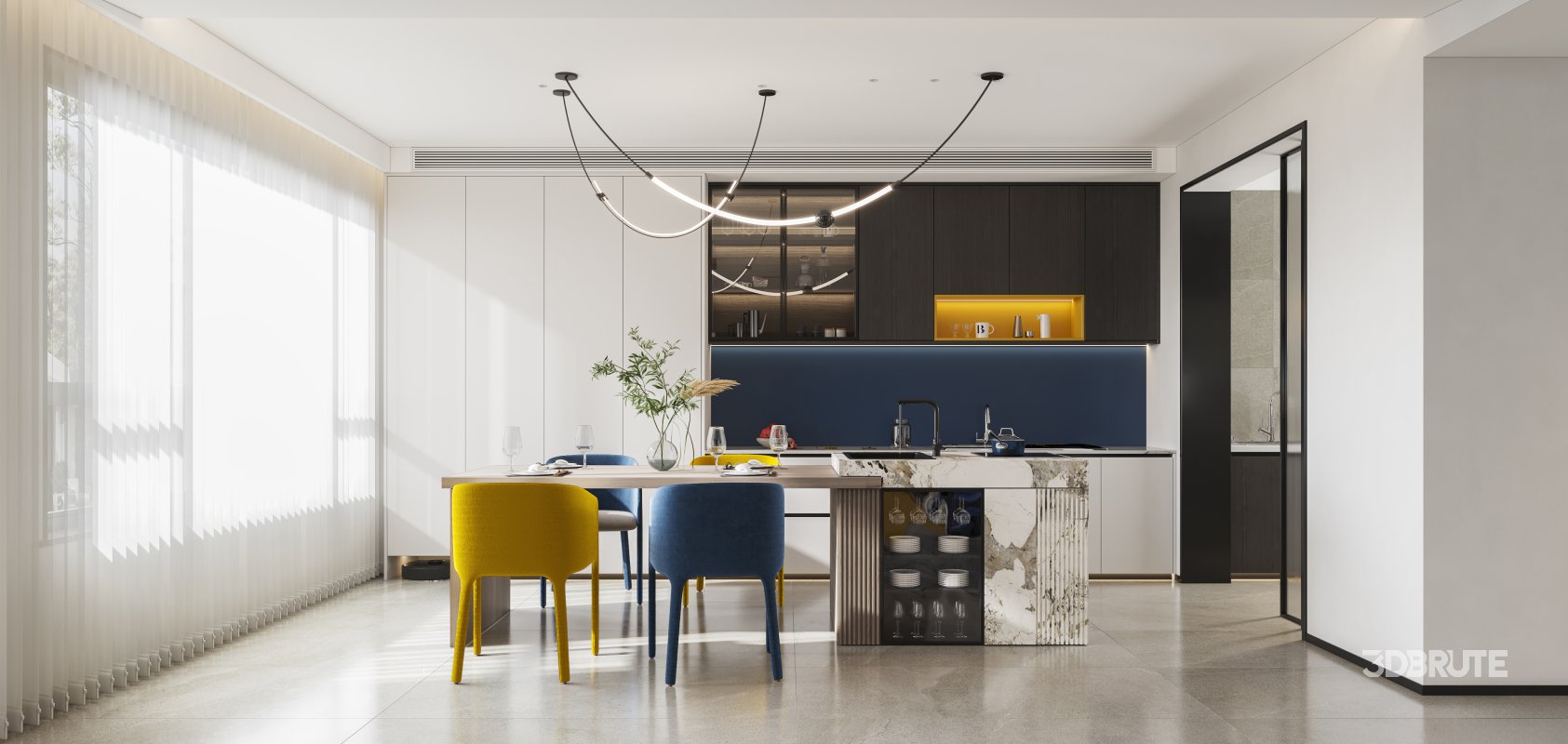 Modern living room and dining room bedroom interior scene Image 5