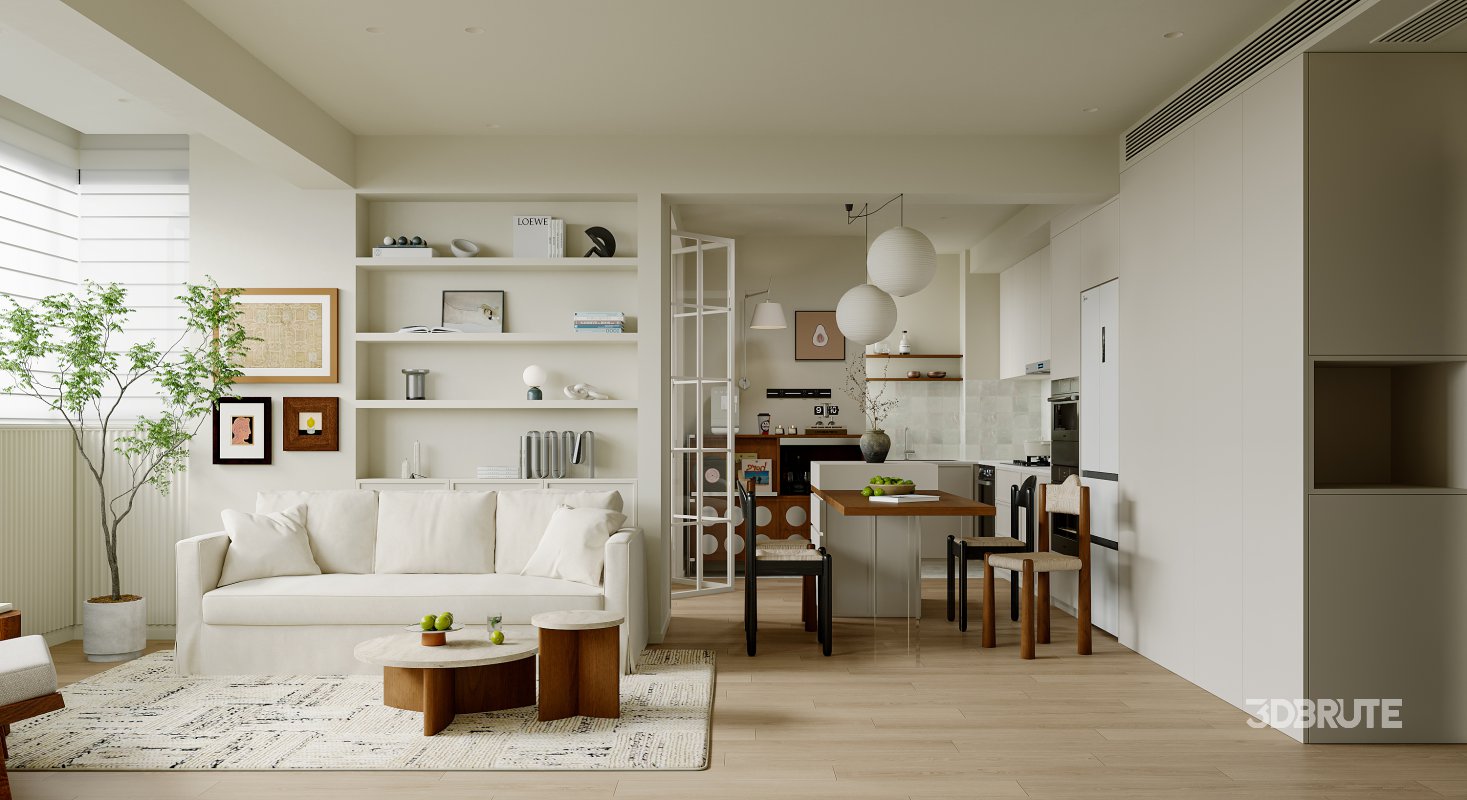 Modern living room and dining room bedroom interior scene Image 6