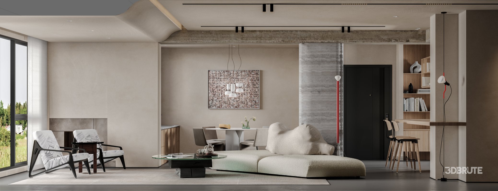 Modern living room and dining room interior scene Image 2