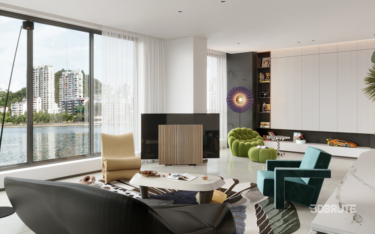 Modern living room and dining room interior scene Image 1